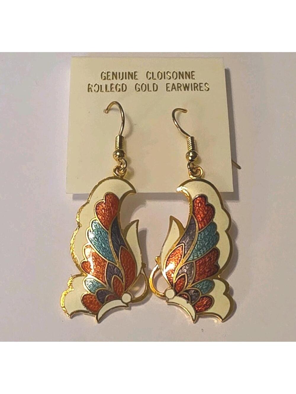 Vintage Cloisonne Enamel Butterfly Wing Earrings Dangle Gold plate 1990s